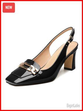 Slingback Heels Square Toe Block Heels 2.5 Inch Adjustable Strap Pumps